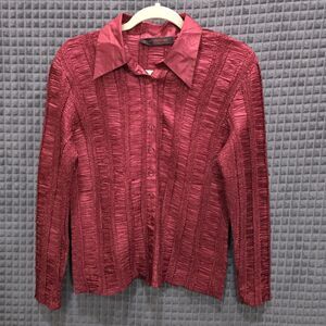 VTG Red Pleated Stretch Top Lg Crinkle Witchy Goth Buttonup Blouse Glam Rock 90s